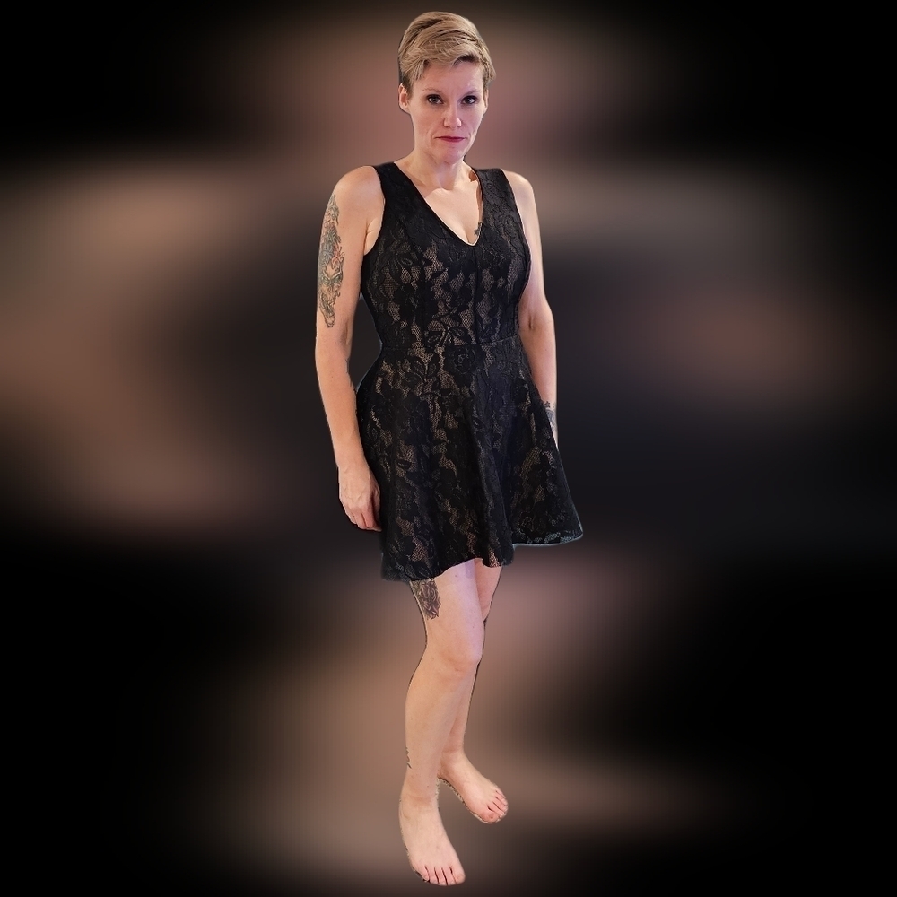 Windsor black mesh formed over nude lining with flare skirt